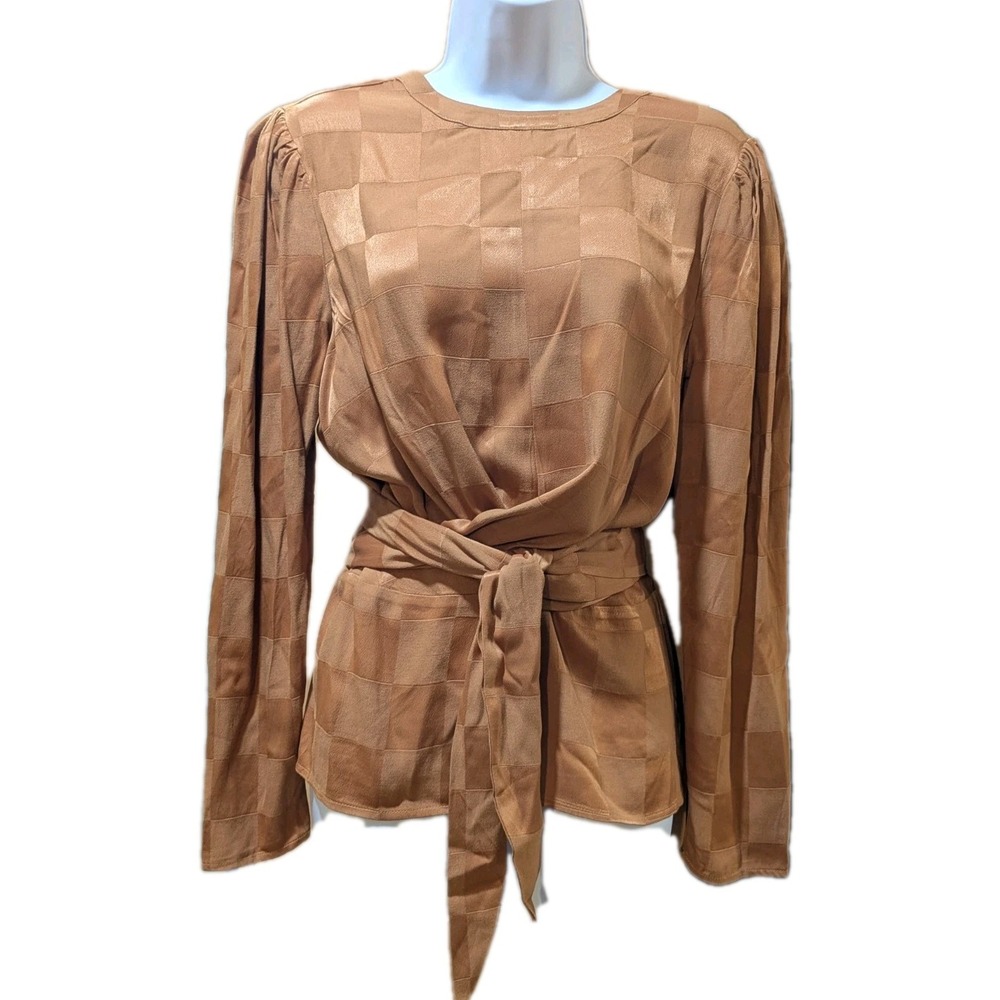 Anthropologie dRA Checked Textured Wrap Top/Blouse Tie Copper Satin Jacquard Med